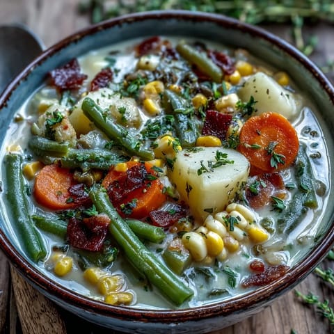 A cozy bowl of Amish Snow Day Soup served with crusty bread for dipping.