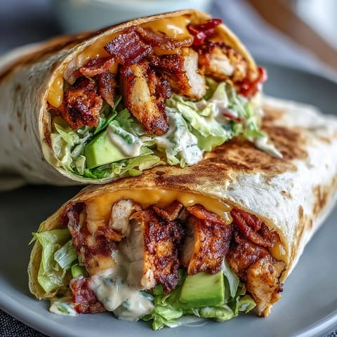 Crispy chicken bacon wrap sliced in half, revealing juicy chicken, crunchy bacon, and tangy mayo sauce inside.