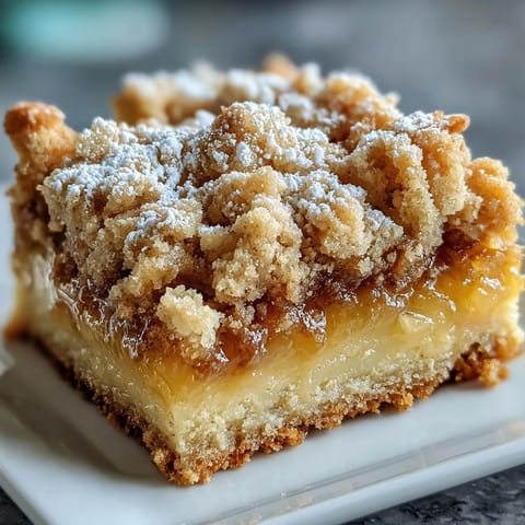 Aerial view of Homemade Lemon Crumb Bars dusted with powdered sugar beside a hot cup of tea.