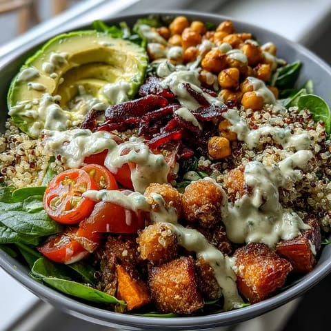 Golden roasted sweet potatoes and crispy chickpeas top fluffy quinoa in this colorful Buddha Bowl.