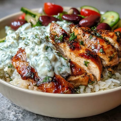 A colorful Mediterranean bowl with tender chicken, fluffy rice, cucumber-tomato salad, olives, and creamy tzatziki.  