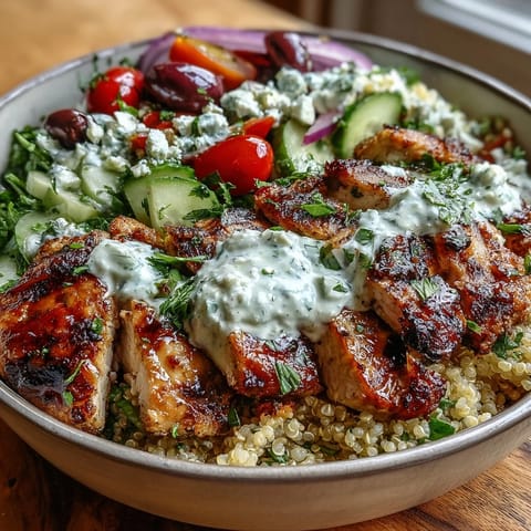 Juicy lemon-herb grilled chicken sliced over fluffy quinoa with cucumber, tomatoes, and creamy tzatziki in this Greek Chicken Power Bowl.