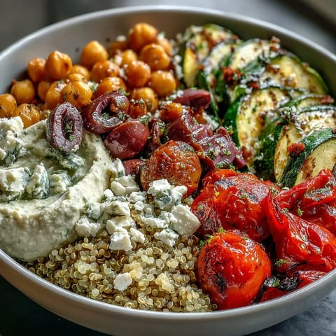 A vibrant Mediterranean Buddha Bowl with fluffy quinoa, roasted vegetables, hummus, and crumbled feta, ready to serve.