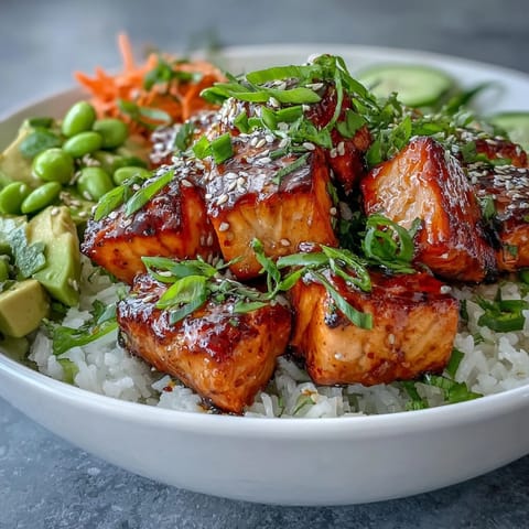 A vibrant Baked Salmon Rice Bowl garnished with green onions, toasted sesame seeds, and a drizzle of spicy mayo.