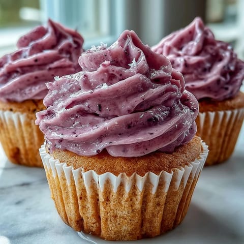 Warm olive oil cupcakes with black currant frosting, arranged on a rustic cooling rack ready for afternoon tea.