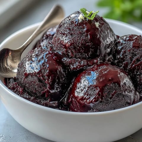 A scoop of vibrant Black Currant Sorbet sits in a glass dish, showcasing its deep purple hue and icy, smooth texture.
