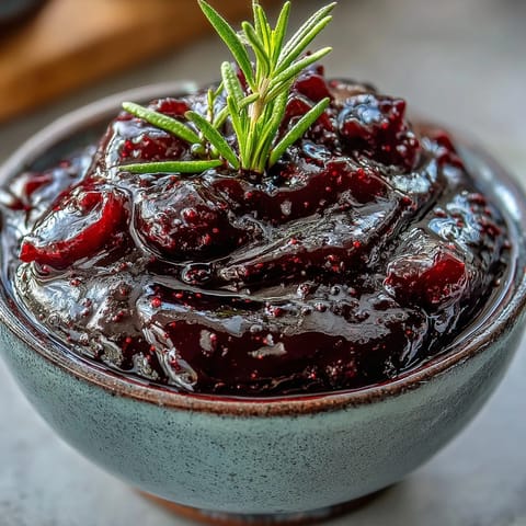 A spoon drizzling glossy Black Currant and Rosemary Reduction over a seared lamb chop on a rustic plate.