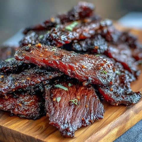Golden-brown Black Currant Smoky Jerky strips glisten on a wooden board next to fresh black currants and cherry wood chips.