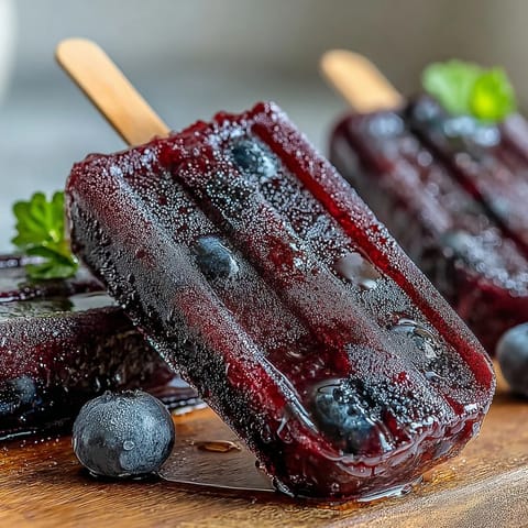Six homemade Black Currant Popsicles freezing in molds, featuring whole berries and a sweet-tart syrup for a cooling dessert.
