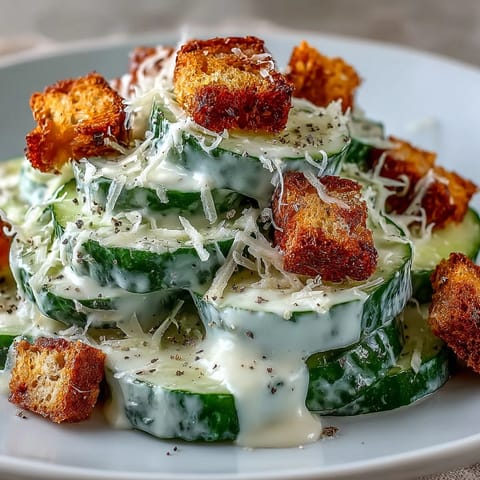 Cucumber Caesar Salad garnished with crispy croutons and shaved Parmesan, served in a rustic white bowl.