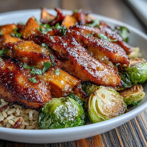 Maple Dijon Chicken Sweet Potato Bowls are garnished with pecans and cranberries for a cozy, colorful weeknight dinner.