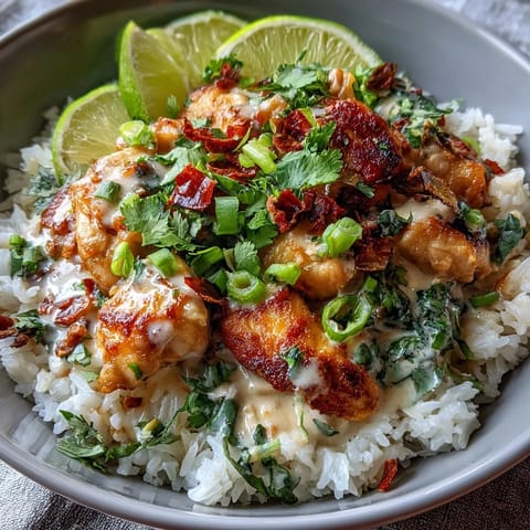 Spoonful of tender chicken coated in creamy coconut sauce lifted from a Coconut Chicken Rice Bowl, with fluffy jasmine rice and fresh herbs.
