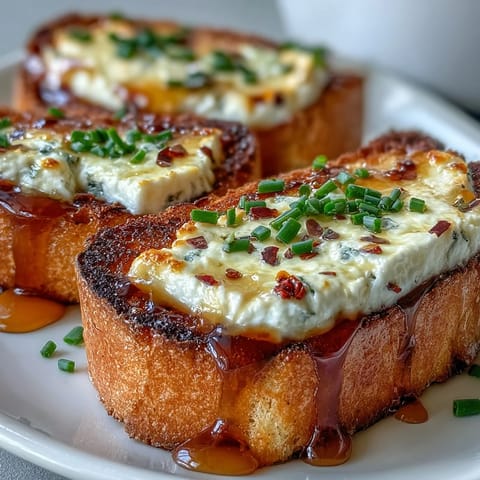 Golden-brown toasted baguette slices topped with creamy goat cheese spread and a glistening hot honey drizzle, garnished with fresh chives.