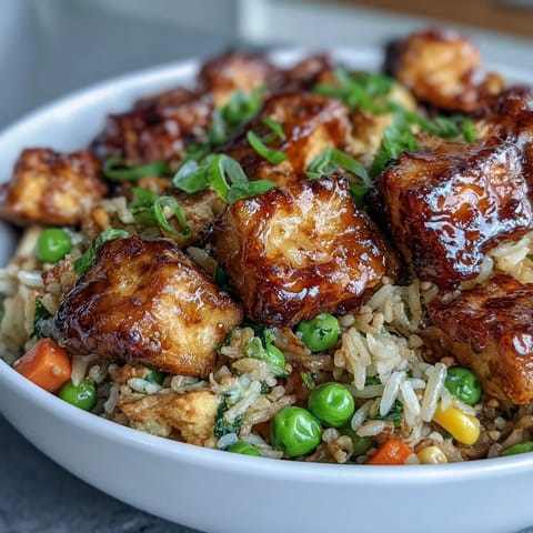Golden-crisp tofu cubes and colorful vegetables are tossed in a savory sesame-ginger sauce in this Crispy Sesame Tofu Fried Rice.