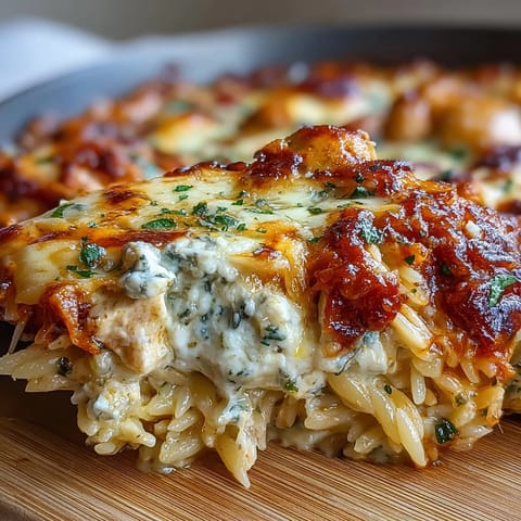 Close-up of tender chicken pieces and saucy orzo pasta in the One-Pan Creamy Chicken Lasagna Orzo, highlighting melted cheese and a sprinkle of Parmesan.