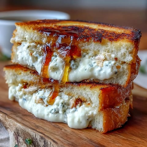 Golden, crispy sourdough sandwiches stuffed with creamy goat cheese, shredded chicken, and a drizzle of hot honey on a plate.