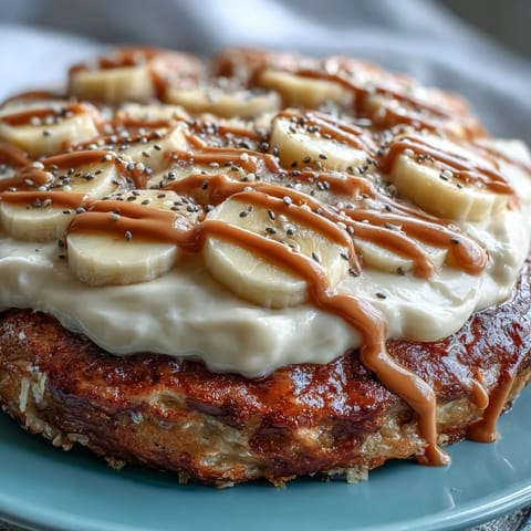 Freshly baked High-Protein Breakfast Pizza Bowl with a golden pancake base and creamy Greek yogurt frosting.
