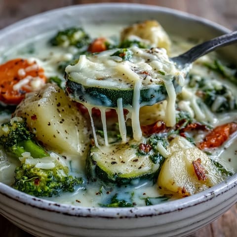 A spoon dips into Creamy Garlic Parmesan Veggie Soup, revealing melted mozzarella and tender chunks of potato and broccoli.
