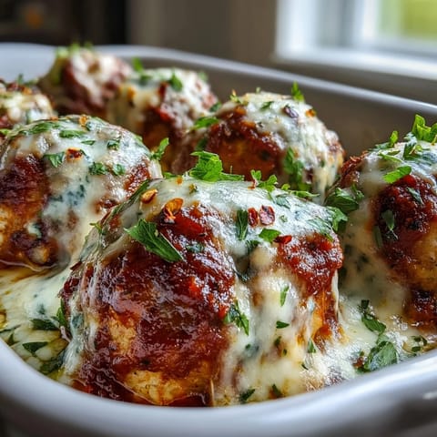 Freshly baked Baked Spicy Chicken Parm Meatballs bubbling in marinara sauce with melted mozzarella.