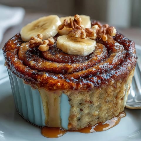 A fluffy slice of Cinnamon Swirl Protein Banana Baked Oats resting on a white plate with a side of coffee. 