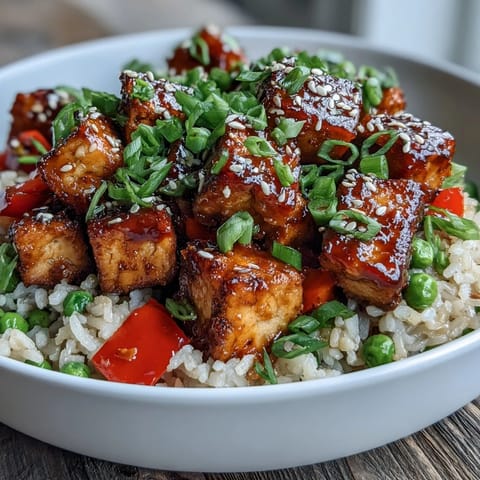 Crispy Sesame Tofu Fried Rice with golden tofu cubes and bright vegetables served in a white bowl.