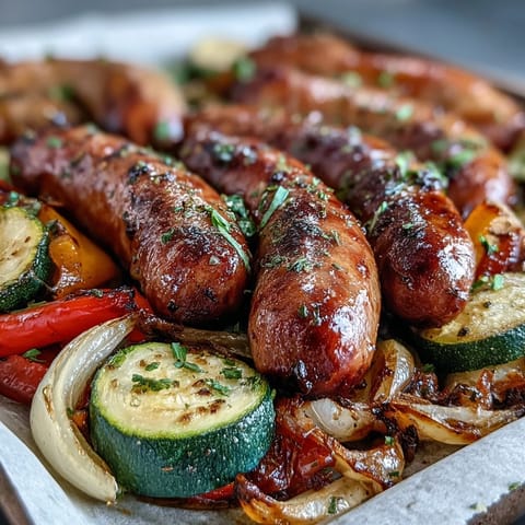 Golden-brown Italian sausages roast alongside tender zucchini and vibrant peppers, caramelized on a sheet pan for a flavorful one-pan dinner.