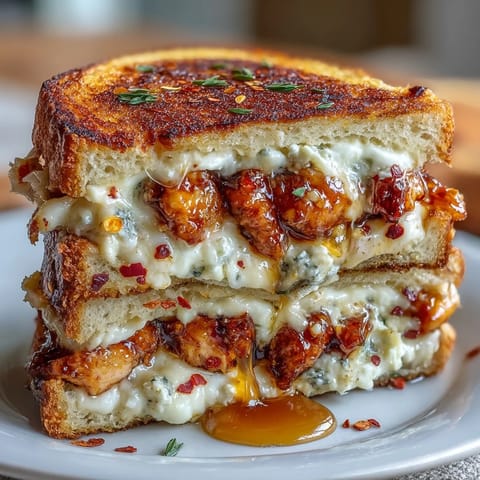 Melted goat cheese and hot honey chicken peek out from between buttery grilled sourdough slices.