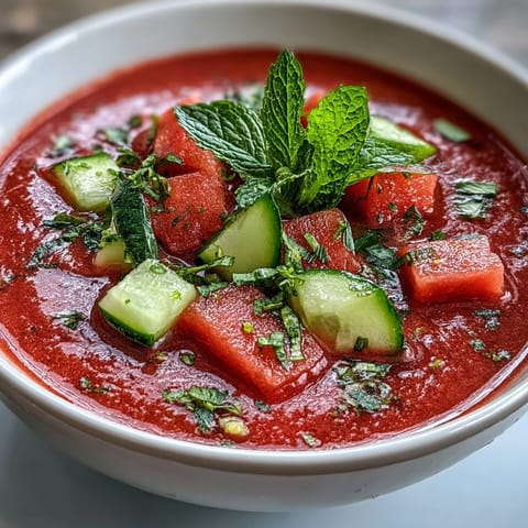 A vibrant vegan watermelon mint gazpacho with cucumber and lime, served chilled with fresh mint garnish.