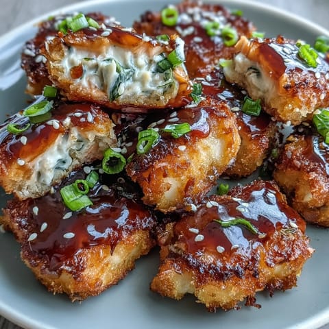 Crispy salmon bites glazed in sweet and spicy bang bang sauce, served on a white plate with sesame seeds.  