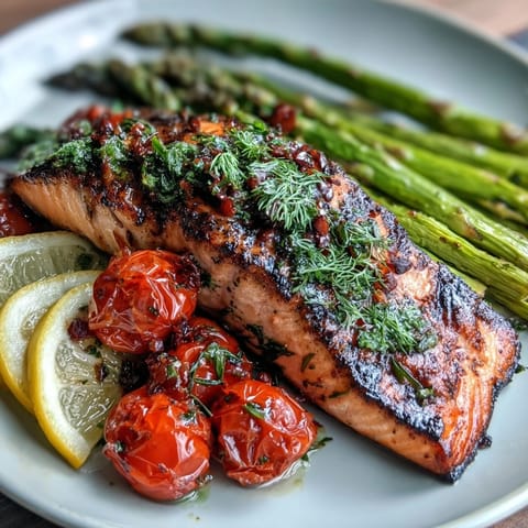 Juicy salmon fillets marinated in lemon and herbs, grilled alongside tender asparagus and blistered cherry tomatoes for a colorful, wholesome meal.  