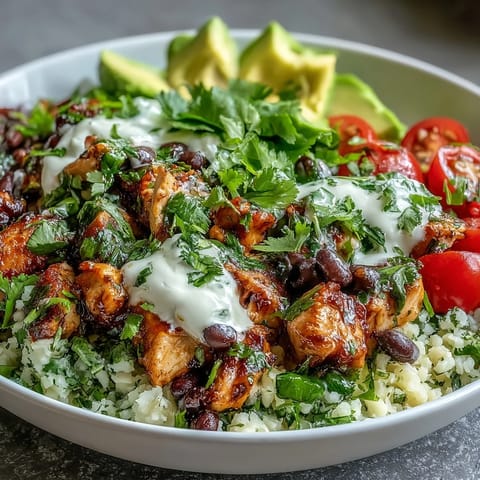 A vibrant burrito bowl featuring seasoned chicken, black beans, and avocado over cilantro-lime cauliflower rice.