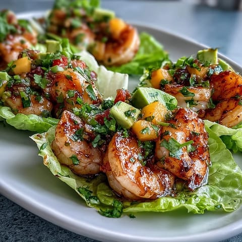 Colorful mango salsa and seasoned shrimp nestled in lettuce leaves, topped with creamy avocado.  