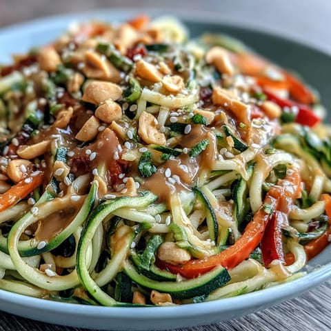 Fresh spiralized zucchini noodles and colorful vegetable ribbons mingle in a tangy Thai peanut dressing, perfect for a light summer meal.  