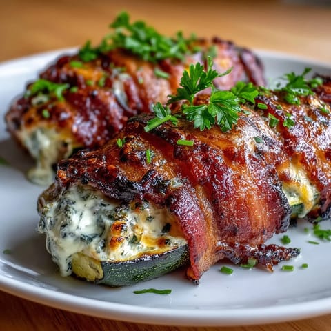 Keto bacon-wrapped zucchini boats filled with creamy herb cheese and baked until golden and tender.