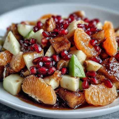 A vibrant winter fruit salad with mandarin oranges, apples, and pomegranate, drizzled with warm cinnamon vanilla dressing.  