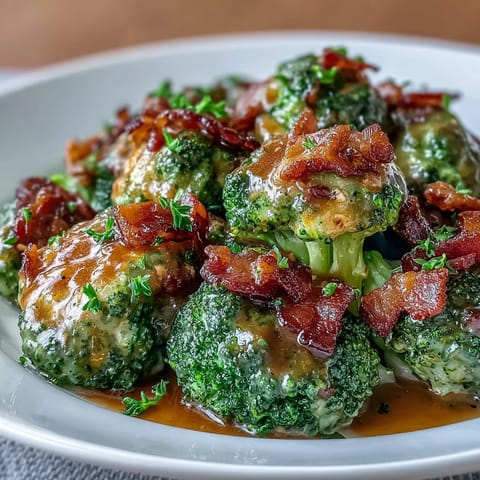Bright green broccoli coated in glossy garlic sauce and topped with crunchy bacon bits, perfect for an easy weeknight meal.  