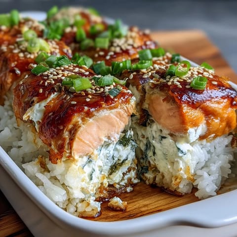 Rich layers of seasoned sushi rice, shredded salmon, and imitation crab in a savory bake, drizzled with Sriracha mayo.