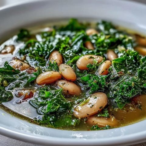 A steaming bowl of kale and white bean soup with lemon and garlic, topped with fresh parsley and served with crusty bread.