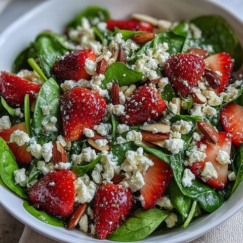 Fresh baby spinach and juicy strawberries tossed with feta and almonds, drizzled with tangy poppy seed dressing for a bright, flavorful salad.  