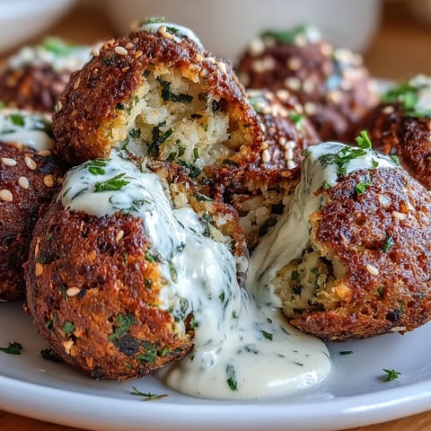 Crispy air fryer falafel with golden crust and fresh herbs, served with vibrant green tahini sauce for dipping.  