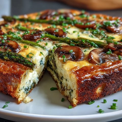 A golden sourdough-crusted frittata packed with sautéed asparagus and mushrooms, baked to perfection for a savory brunch centerpiece.