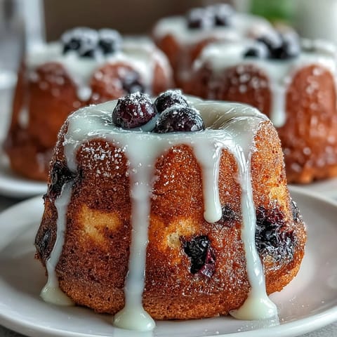Golden mini bundt cakes studded with fresh blueberries and drizzled with zesty lemon glaze, perfect for spring brunch.  
