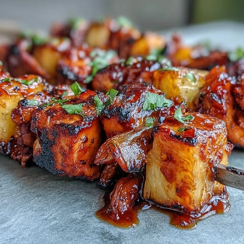 Juicy BBQ chicken skewers with sweet pineapple and red onion, grilled to perfection and glazed with smoky barbecue sauce.  