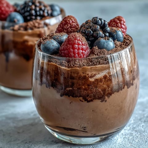 Velvety high-protein cottage cheese chocolate mousse topped with fresh berries and shaved dark chocolate.  