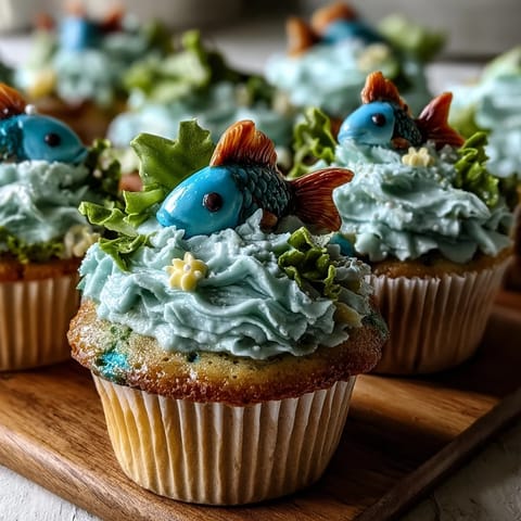 Delicious Pisces cupcakes with vanilla base and blue buttercream frosting, topped with fondant fish for a whimsical zodiac dessert.