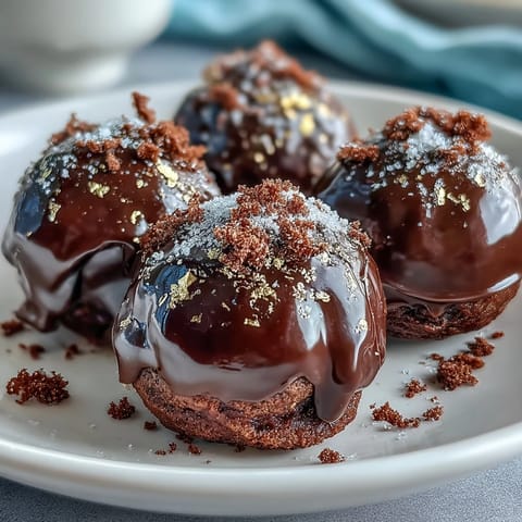 Luxurious Dubai Chocolate Strawberry Truffles with gold flakes, featuring rich dark chocolate and freeze-dried strawberry filling.