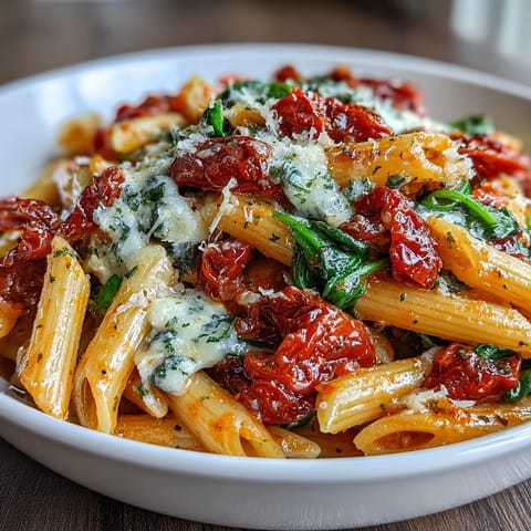 Easy One-Pot Pasta with zucchini, bell peppers, and spinach simmering in a savory tomato broth.  