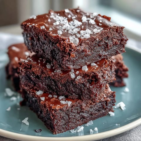 Decadent brownies made with sourdough discard, offering deep chocolate flavor and a subtle tang, finished with a sprinkle of sea salt for contrast.  