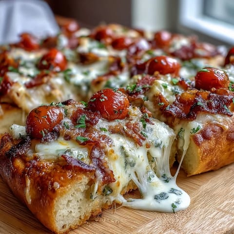 Kentucky Derby Hot Brown Flatbread Pizza with golden crust, turkey, bacon, tomatoes, and creamy Mornay sauce.