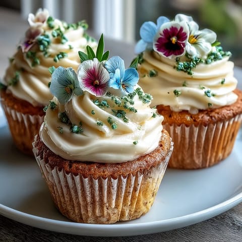 Baby in Bloom Cupcakes with Edible Flower Toppers: Fluffy vanilla cupcakes crowned with pastel buttercream and fresh edible flowers, a charming treat for celebrations.